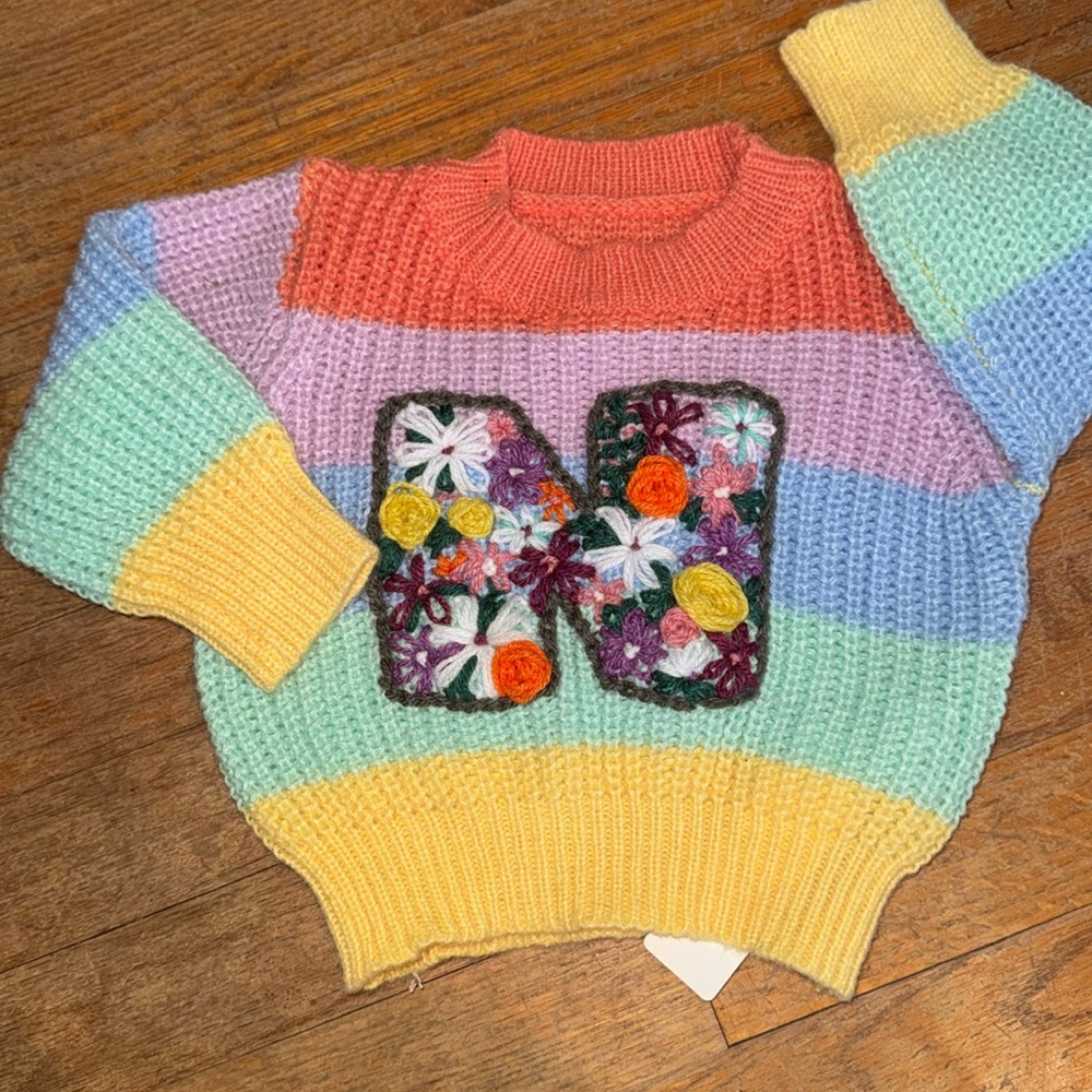 NWT hand knit floral N sweater